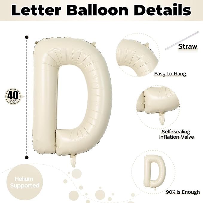Cream Name Balloon Letters, Large Mylar Helium Alphabet D Custom Balloon Letter - Image 2