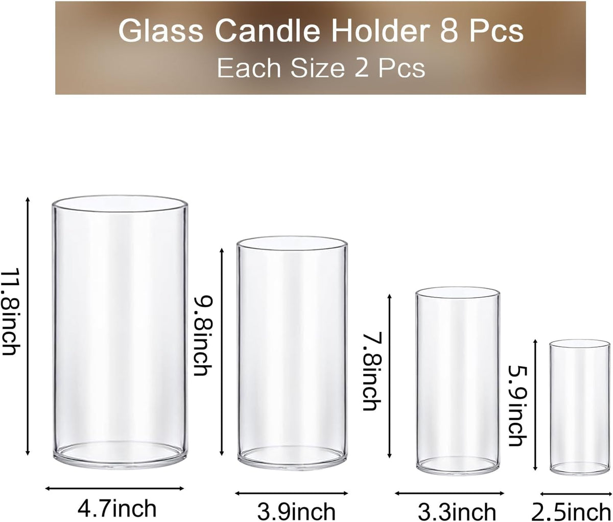 PHOSPHOR 8 PCS Glass Candle Holder, Hurricane Candle Hoder, Glass Pillar Candle Holder, Clear Cylinder Candleholder Cylinder Vase for Centerpieces Wedding Party Decoration