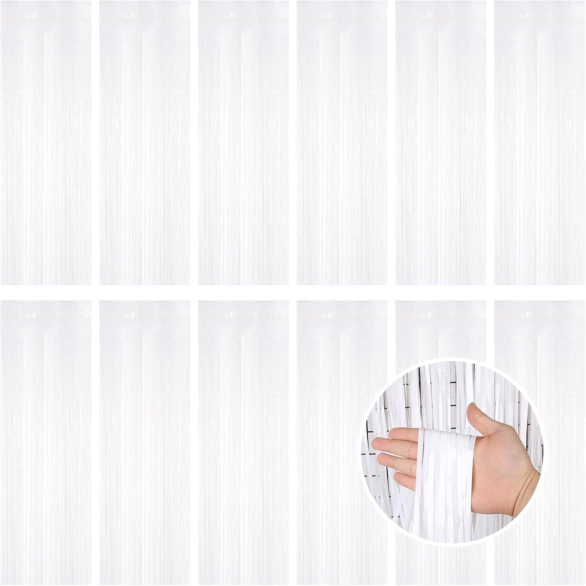 White Fringe Curtain Party Streamers, 12 Pack 3.3ft x 8.2 ft Foil Curtain Backdrop Tinsel Foil Fringe Curtains Photo Booth Backdrop Streamer for Birthday, Wedding, Baby Shower, Disco Party