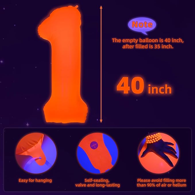 Mega-L Glow in The Dark Party Supplies, 40 Inch Orange Number 8 Balloon | Glow - Image 4