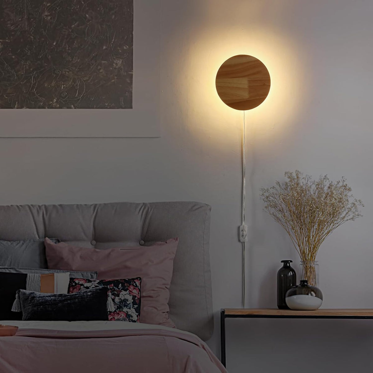 Modern Minimalist Plug in Wall Sconces, Plug-in Or Cordless 7.9'' Round Wood Backlight LED Wall Lamp, 12W, 1300LM Warm White Brightness Wall Light Fixtures for Bedroom, Living Room Wall Décor
