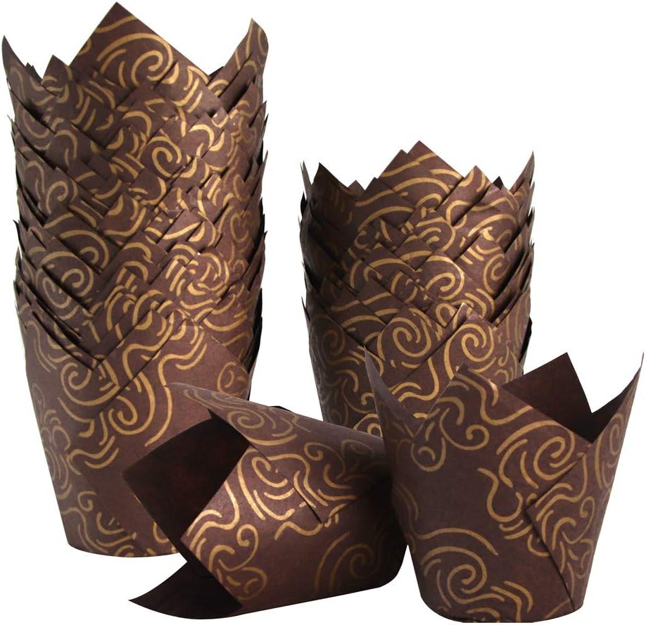 150pcs Tulip Cupcake Liners Baking Cups Muffin Liner Grease-Proof Paper Cupcake Wrappers for Wedding, Birthday Party, Standard Size (Golden Printed, Brown)