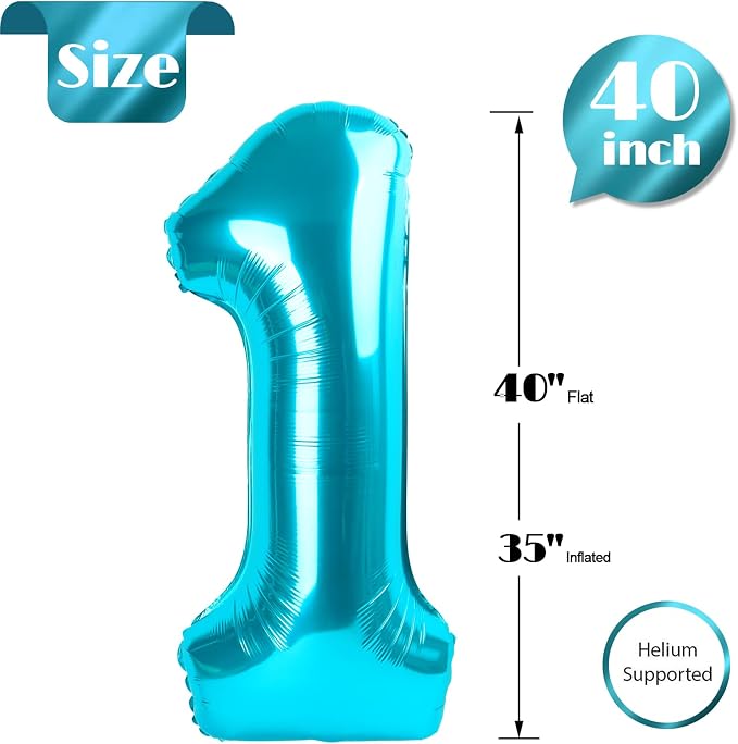 Light Blue Number 1 Balloon 40 Inch, 1st Birthday Decorations Men Women | Foil - Image 5