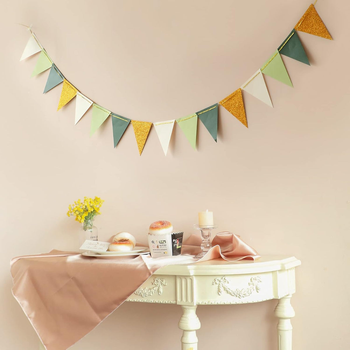 Fonder Mols Paper Pennant Party Decorations Large Gold Green(10 Feet), Triangle Flags Bunting, Paper Triangle Garland for Greenery Baby Shower Wedding Nursery Classroom Birthday Party