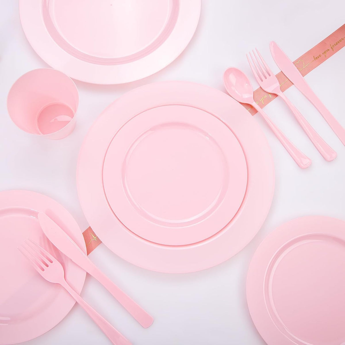 KIRE 150 Pieces Pink Plastic Plates Disposable - Pink Dinnerware Set Include 25 Dinner & 25 Salad Plates 25Forks 25Knives 25Spoons 25 Cups for Baby Shower/Bridal Shower