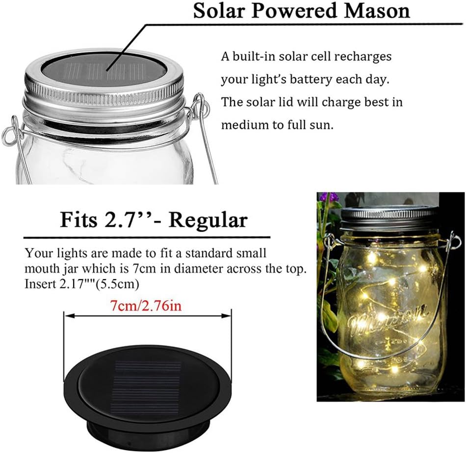 6 Pack Mason Jar Lights, 10 LED Solar Cold White Fairy String Lights Lids Insert for Garden Deck Patio Party Wedding Christmas Decorative Lighting Fit for Regular Mouth Jars …