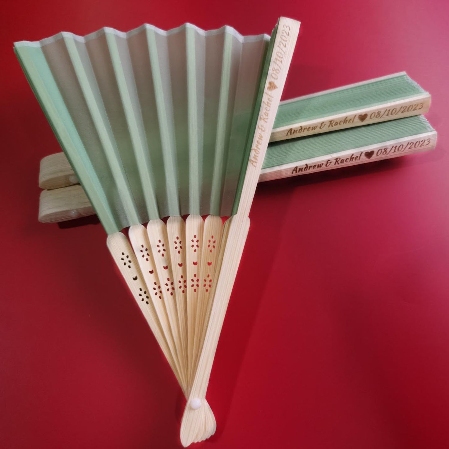 Personalized Wedding Fans Handheld Folding Fans (128Pcs) - Custom Engraved Green Silk Fans for Bridal Shower Favor/Baby Shower Favor, Birthdays Party Gifts/Gifts for Party Guests