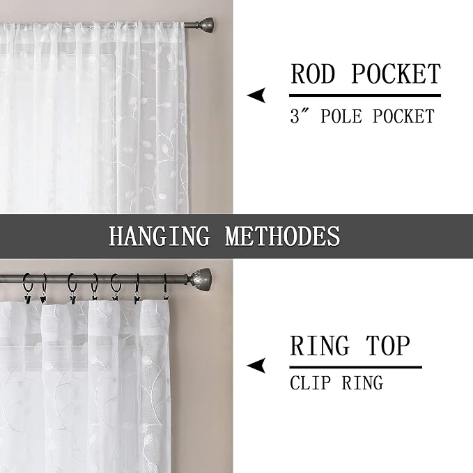 Tollpiz Leaves Sheer Curtains White Leaf Embroidery Living Room Curtain Rod - Image 5