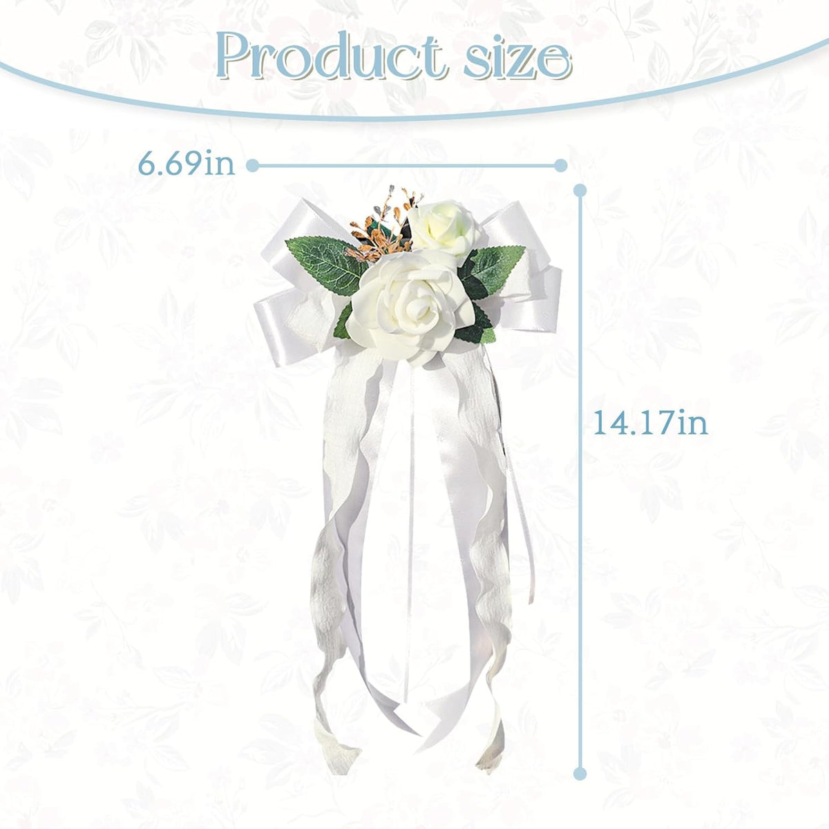 4PCS Wedding Car Door Handle Decorative Flowers, White Artificial Cars Bouquet Flower Bowknot Ribbon Decor, Just Married Automotive Decorations Accessories for Door Handles