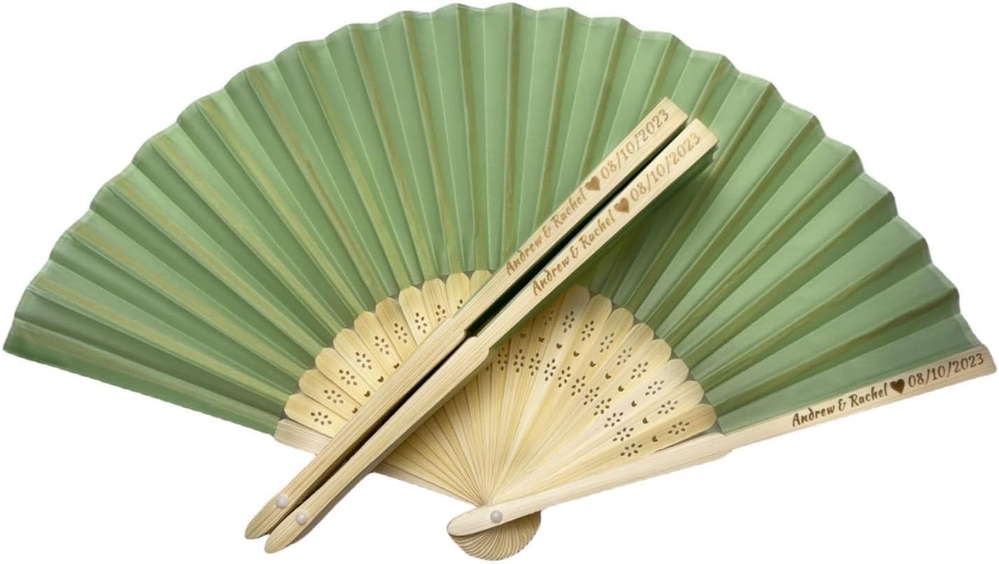 Personalized Wedding Fans Handheld Folding Fans(70Pcs) - Custom Engraved Green Silk Fans for Bridal Shower Favor/Baby Shower Favor, Birthdays Party Gifts/Gifts for Party Guests