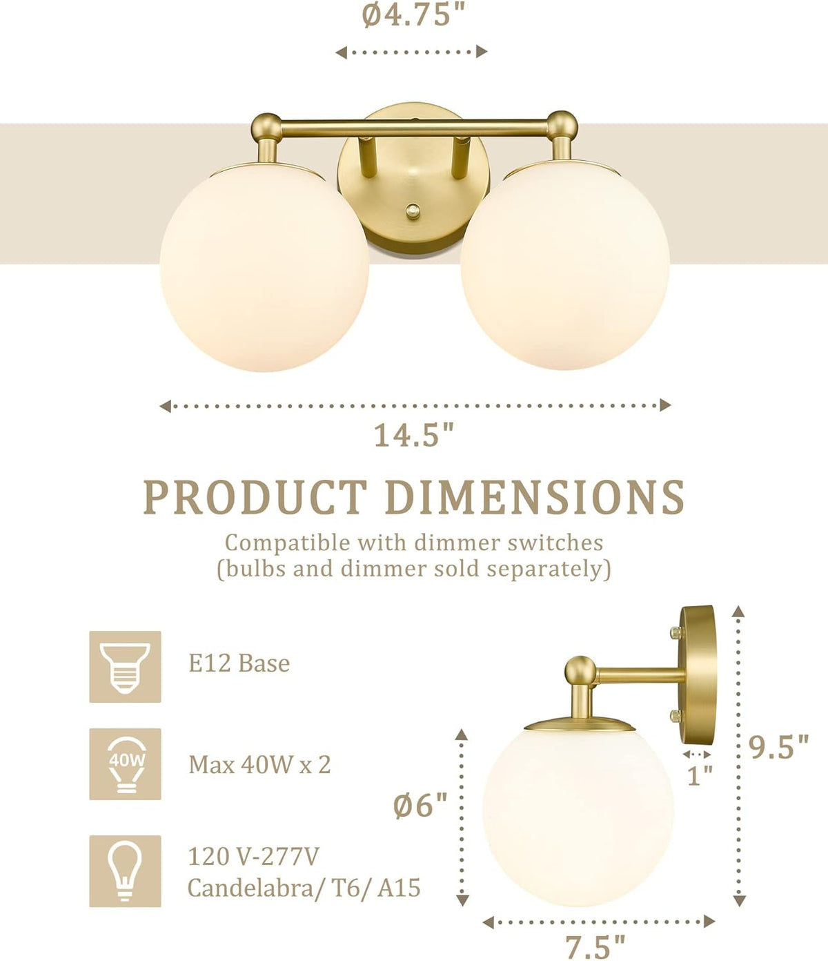 Gold Bathroom Light Fixtures, 2-Light Vanity Lights Over Mirror Wall Sconce with White Etched Glass Globe, KW-7308-2