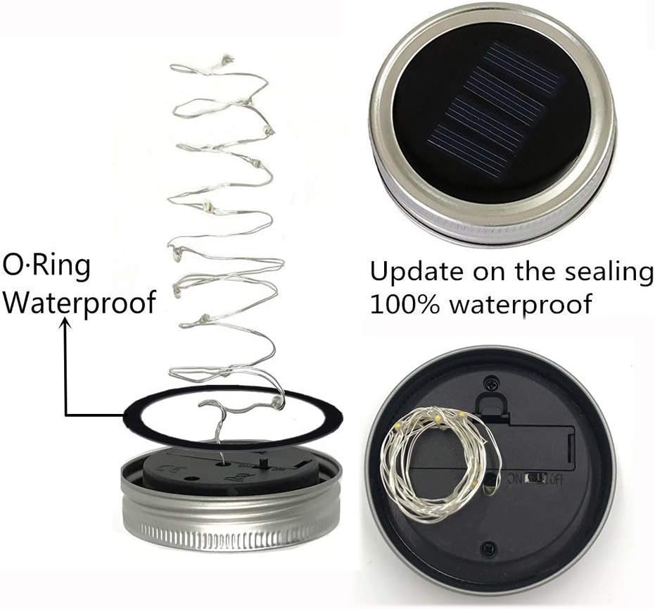 Solar Mason Jar Lights, 6 Pack 10 LED Jar Lid String Lights with 6 Hangers(No Jars), Waterproof Fairy Firefly Light for Garden, Patio, Outdoor, Yard, Lawn Decor(Cold White)