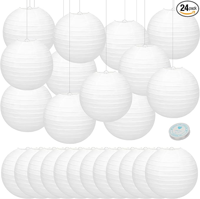 24 Packs White Paper Lanterns 8 Inch Chinese Japanese Hanging Paper Lanterns by MOTOTO
