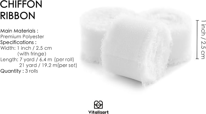Vitalizart White Chiffon Silk Ribbon 1" x 21 Yd Fringe Fabric Package - Image 2