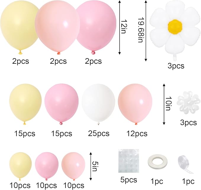 Daisy Balloon Garland Arch Kit, Retro Hippie Boho Pink White Yellow Balloons - Image 2