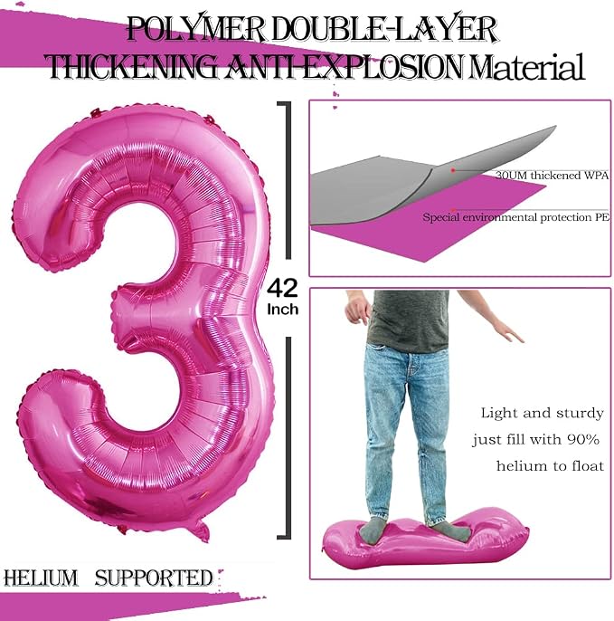 Pink Foil Balloons Number 3, Huge Number Balloons - Image 3