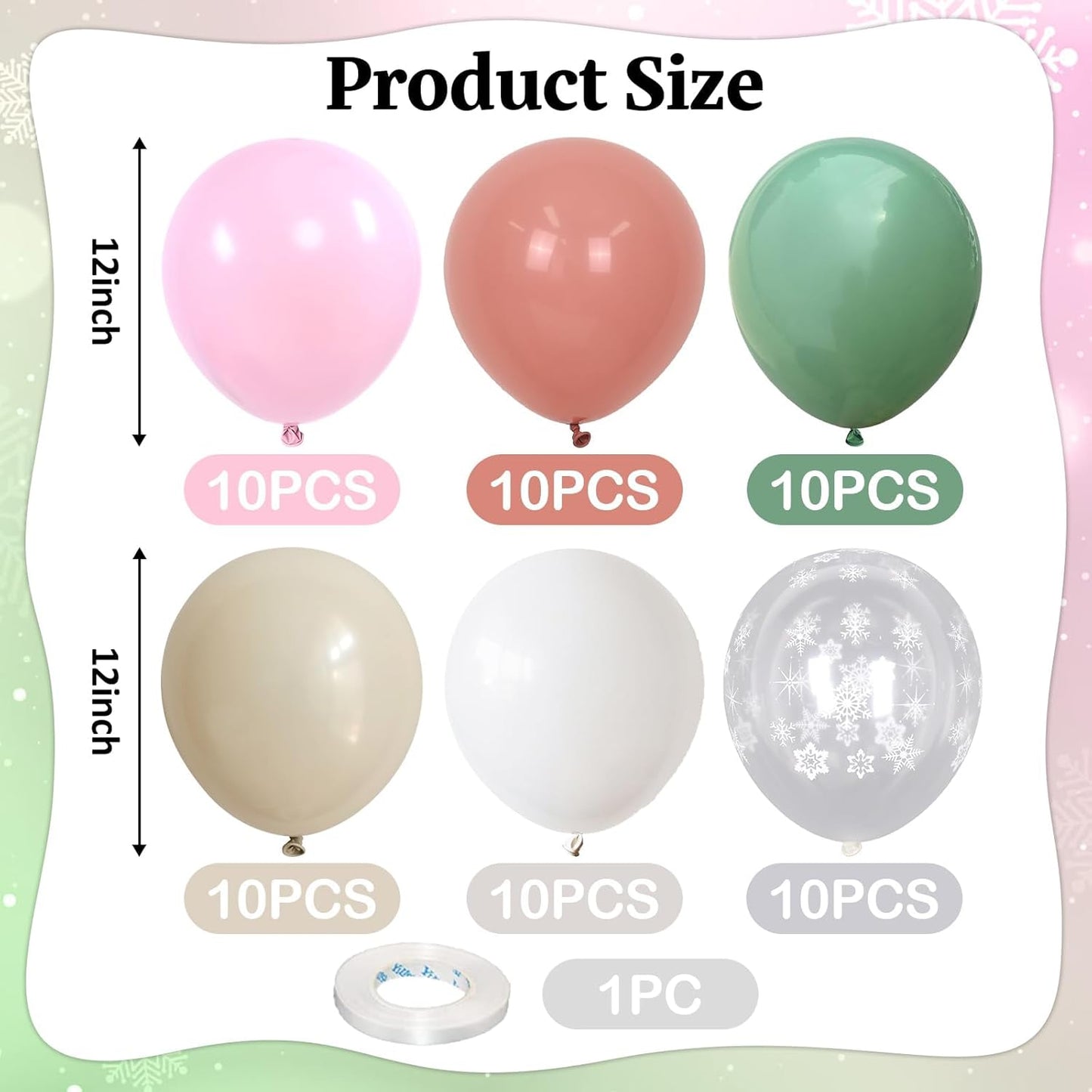 Pink and Green Balloons 60pcs, 12 Inch Sage Olive Green Dusty Light Pink Sand White Snowflake Balloons for Boho Bridal Shower Wedding Ice Winter Theme Birthday Baby In Bloom Baby Shower Decorations