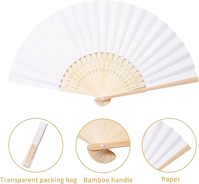 Sepwedd 50pcs White Paper Hand Fan Bamboo Folding, Handheld Paper Folded - Image 2