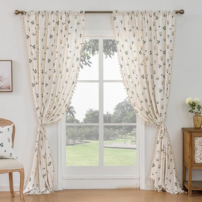 F-CHU Country Floral Curtains 72 Inch Length Cotton Linen Boho Window Curtain - Image 4