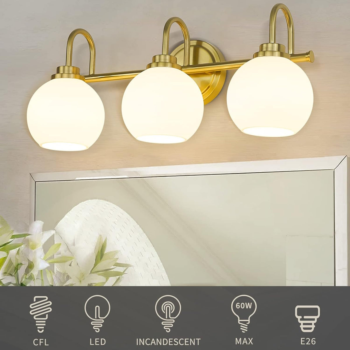 Gold Bathroom Light Fixtures, 3 Light Gold Modern Bathroom Light Fixtures Over Mirror with White Milk White Globe Glass Shade for Bathroom