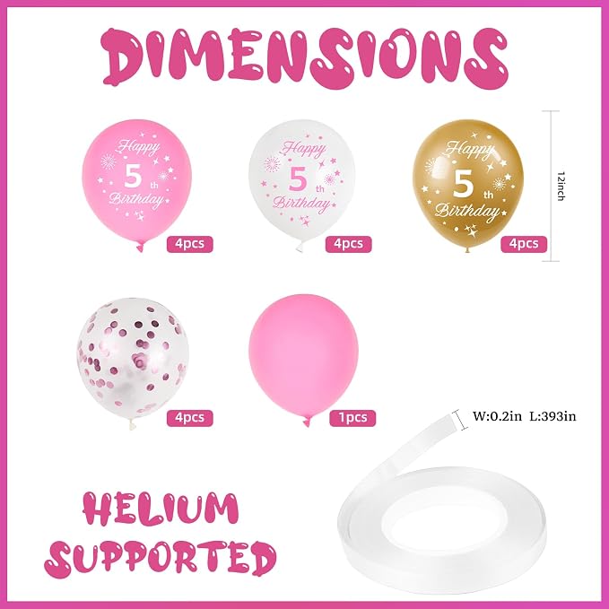 Pink 5th Birthday Balloons for Girls 5th Birthday Party Decorations, 12inch - Image 2