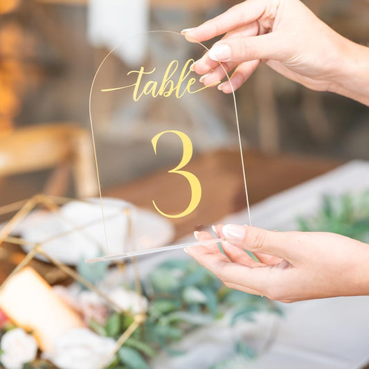 Clear Arch Acrylic Table Numbers for Wedding Reception - 5" x 7" Gold Font Centerpiece Set with Holder Stands & Head Table Sign - Anniversary, Event, Party, Wedding Set 1-20