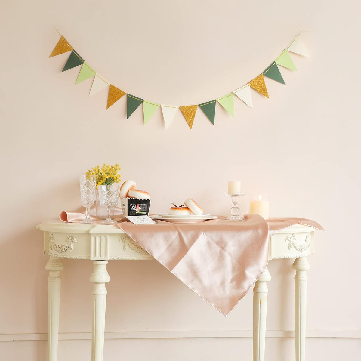Fonder Mols Paper Pennant Party Decorations Large Gold Green(10 Feet), Triangle Flags Bunting, Paper Triangle Garland for Greenery Baby Shower Wedding Nursery Classroom Birthday Party