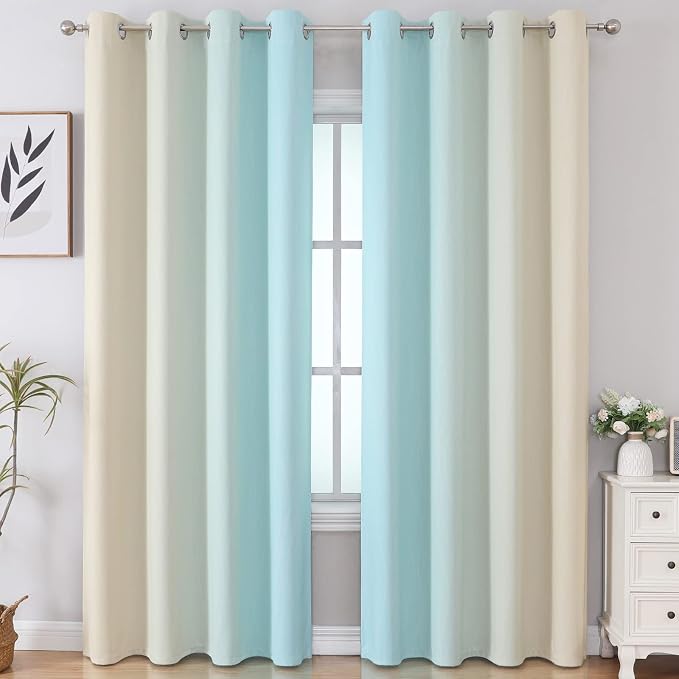 Aqua and Beige Blackout Curtains 102 Inch Length 2 Panels Set, Thermal - Image 2