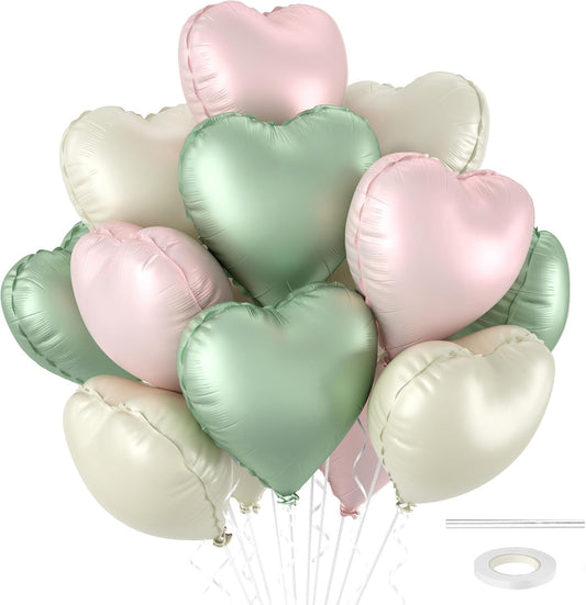 12 Pcs Heart Balloons - 18 inch Sage Green Heart Shaped Foil Helium Balloons for Wedding, Baby Shower, Valentine's Day Parties