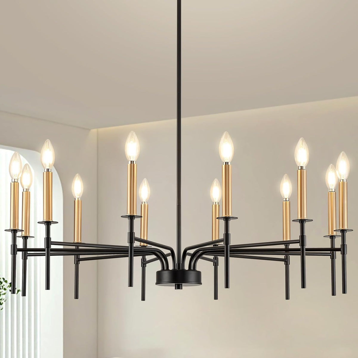 12 Light Modern Farmhouse Black and Gold Chandeliers for Dining Room Light Fixture, Metal Candle Chandelier Lighting Fixtures for Living Room Stair Foyer Entryway Bedroom Kitchen