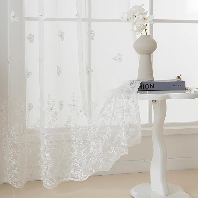 White Voile Curtains, Decorative White Embossed Butterflies Rod Pocket Window by VISIONTEX