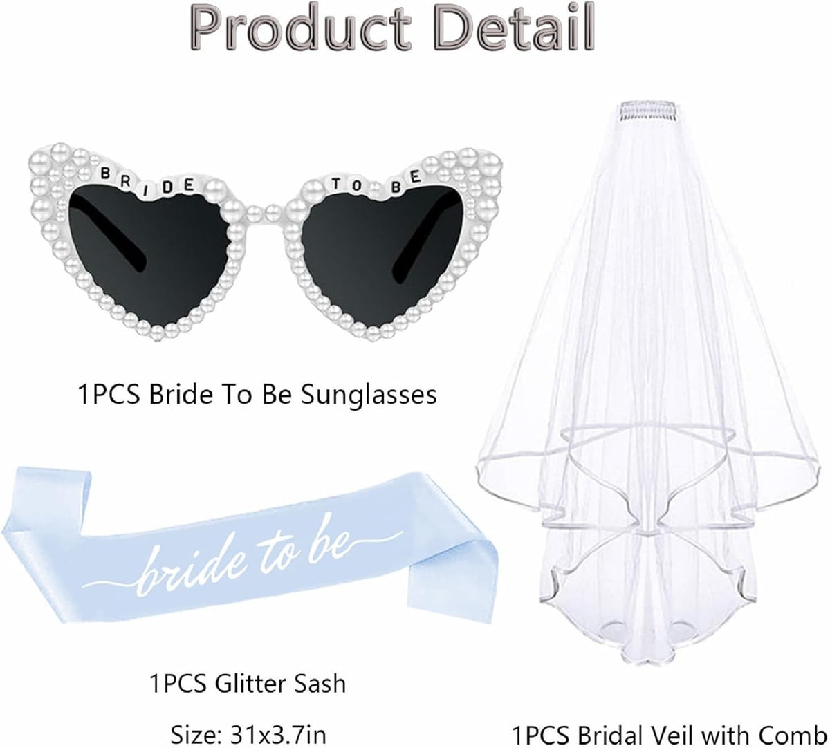 3PCS Blue Bride To Be Sash and Veils Bride to Be Heart Pearl Sunglasses for Bachelorette Bridal Shower Engagement Party Favors Accessories