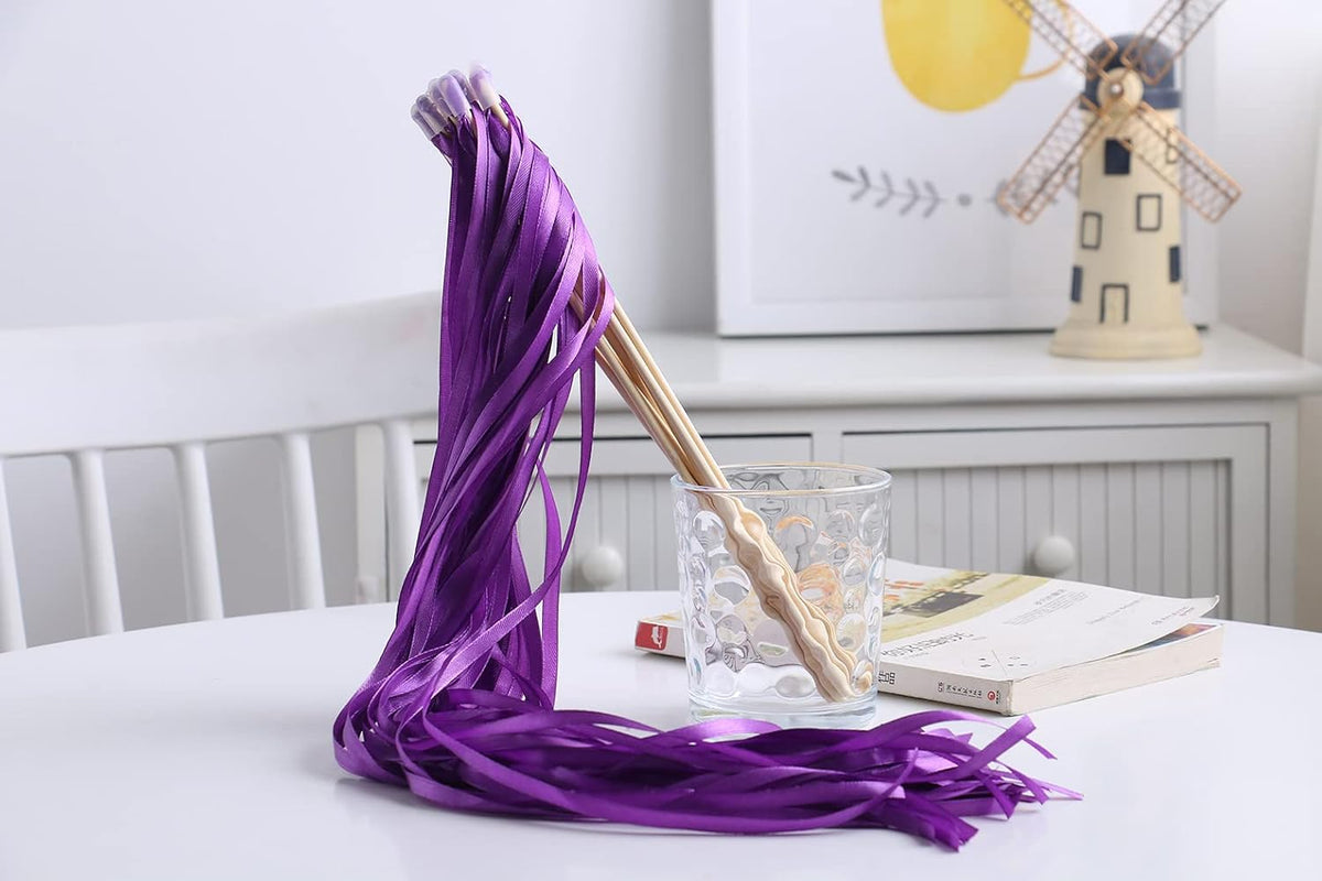 100PCS Ribbon Stick Wands Wedding Streamers with Silk Fairy Stick Wand for Wedding Party Baby Shower Send Off Party Activities Holiday Celebration Favors (Purple-100PCS)
