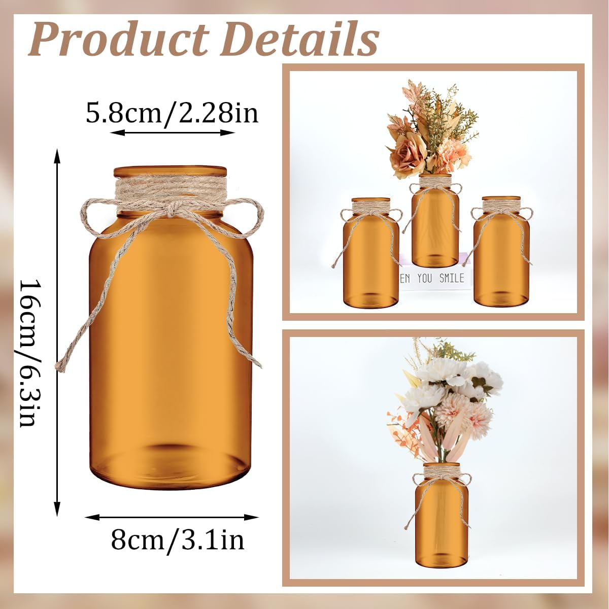 Vintage Glass Flower Vase，6 Pack Farmhouse Amber Gold Glass Centerpiece Vases Mason Jars for Christmas Weddings, Parties & Home Decor Bulk (6, Amber)