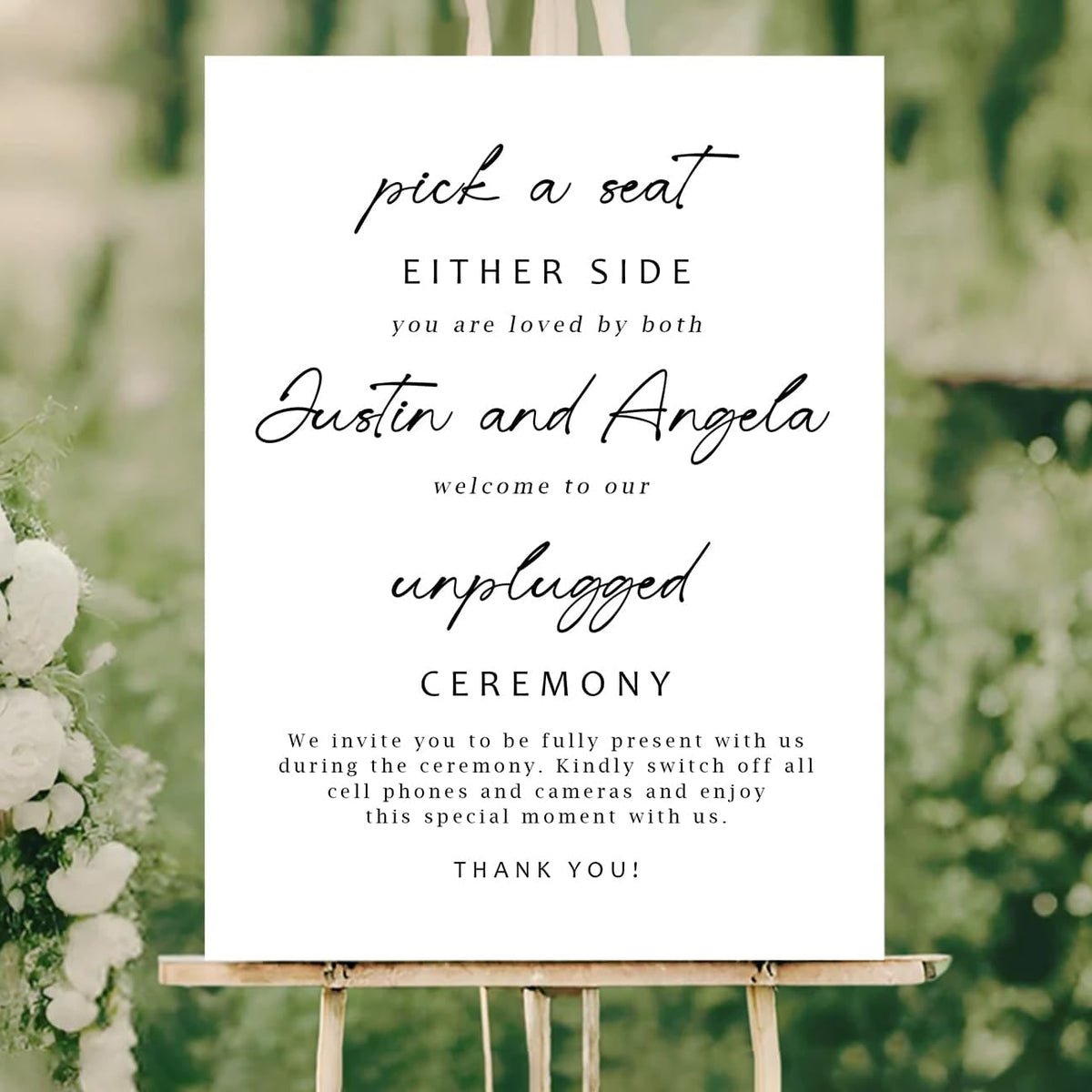 Minimalist Pick a Seat & Unplugged Wedding Sign – Custom Outdoor Yard Sign – Black and White Script Design