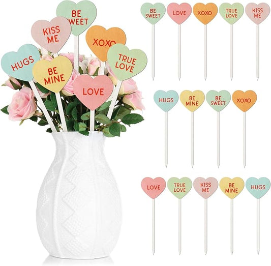 TICIAGA 28PCS Valentine’s Day Decorative Picks Cute Double-Sided Wooden Heart by TICIAGA