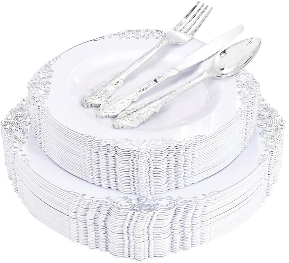 Liacere 150PCS Silver Plastic Plates with Silver Cutlery - Disposable Plastic Plates Include 30Dinner Plate, 30Dessert Plate, 30Knives, 30Spoons, 30Forks - Ideal for Wedding&Christmas