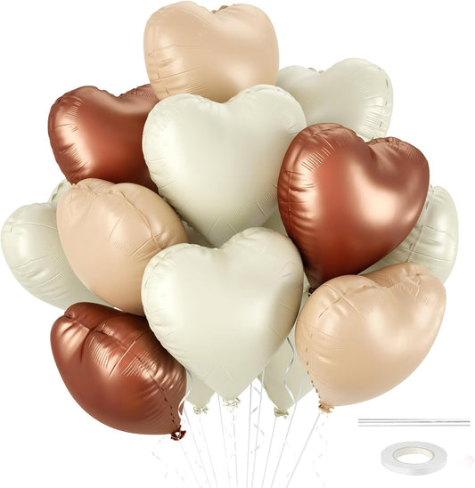 12 Pcs Heart Balloons, 18 inch Cream Brown Heart Shaped Balloons, Big Heart Helium Balloon, Neutral Foil Balloon for Wedding Baby Shower Anniversary Backdrop Valentine Party Decoration