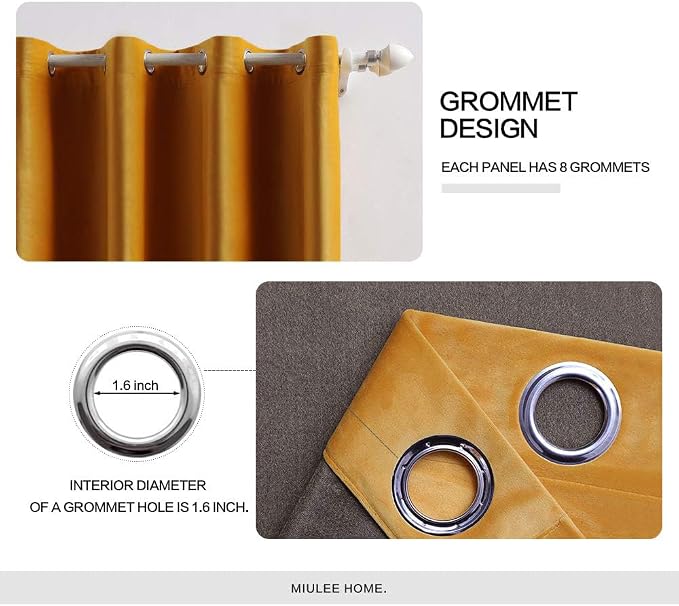 MIULEE Velvet Curtains Mustard Yellow 52 x 63 Inch Length Set of 2 | Grommet - Image 2