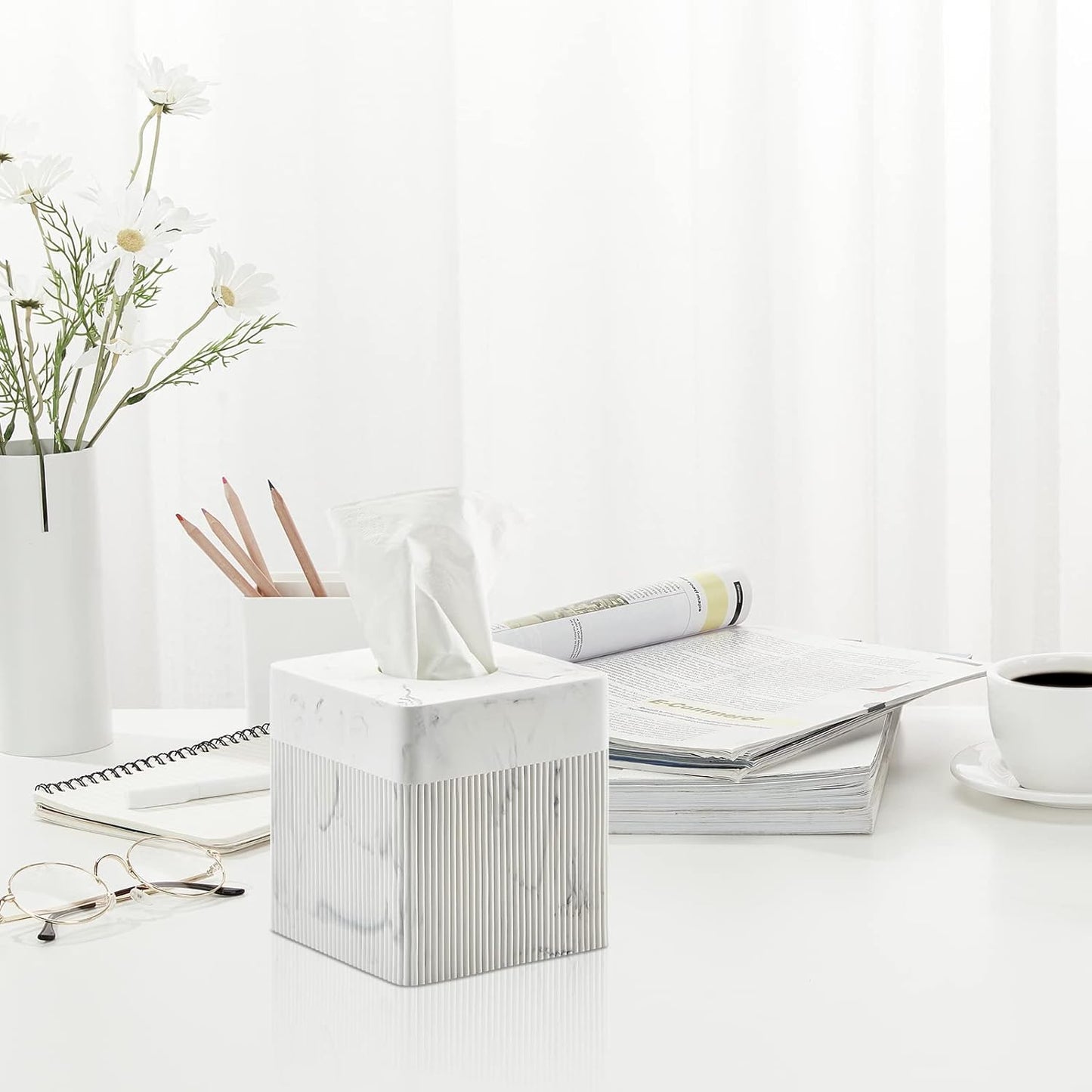 White Tissue Box Cover Square Resin Tissue Holder for Home Decor, Hand Poured Marble Ribbed Cube Tissue Box Holder – 5.5 Inch Heavy Duty Luxury Tissue Box Case for Bathroom, Living Room, Office