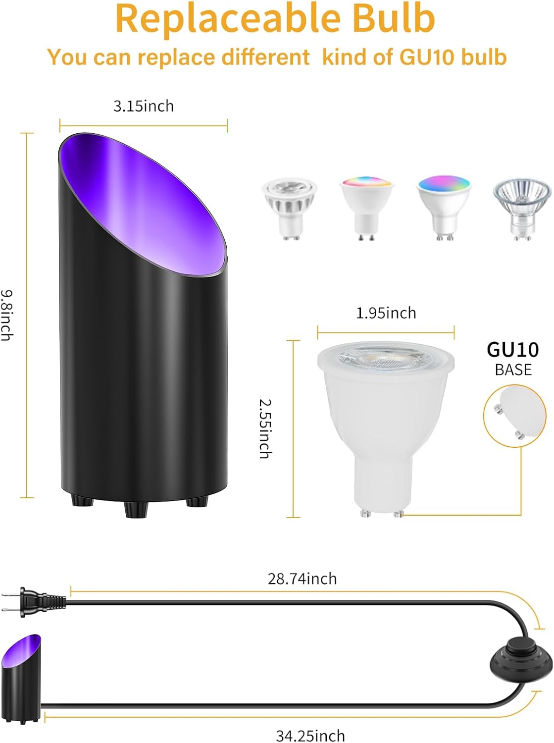 ZUCKEO RGB Spotlight Indoor Uplights 5W Floor Can Light Up Accent Lighting, LED Color Changing Spot Lights for Home Plant Christmas Halloween Decor, GU10 Bulb, 5.25FT Plug in Cord & Switch, 2 Pack