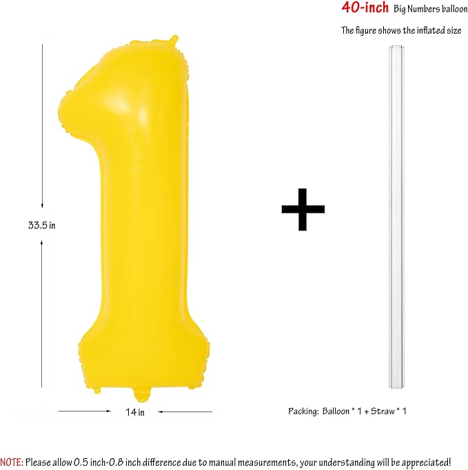 40 Inch Yellow Number 1 Foil Balloon Lemon Yellow Digital 1 Balloon | - Image 2