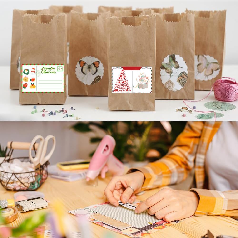 100-1000pcs Custom Stickers Merry Christmas Stickers Personalized Labels Adhesive Xmas Decorative Envelope Seals Stickers for Cards Gift Boxes(Round Kraft-12)