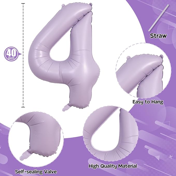 Light Purple Number 40 Birthday Balloons, 40 Inch Large Pastel Dusty Purple - Image 2