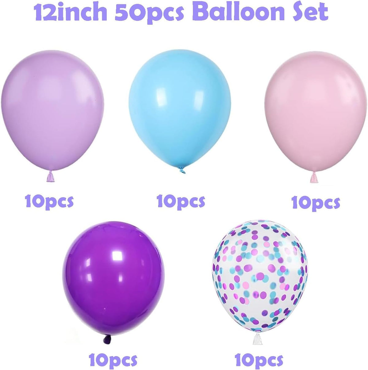 ZOOYOO 50pcs Balloons 12 Inch Pastel Purple Pink Blue Confetti Balloons for Girls Birthday Parties, Baby Shower, Ocean, Under The Sea Decorations