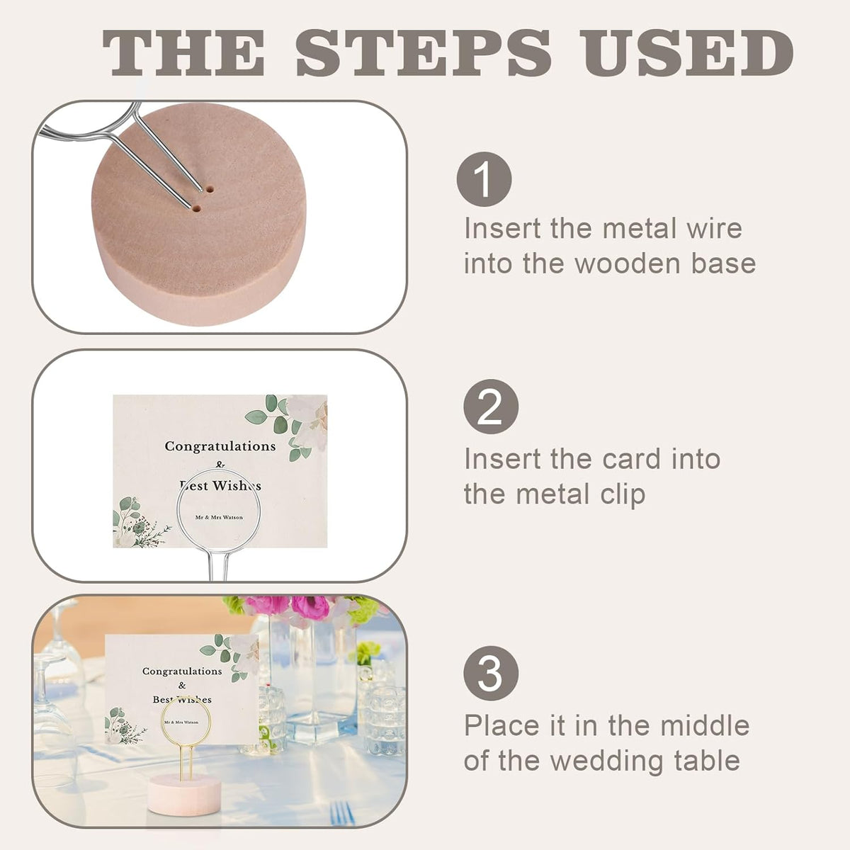 Table Number Holders Pack of 10 Metal Wire with Wooden Base for Better Stability Place Card Holders - Centerpieces, Picture Photo Sign Stands for Weddings, Party, Birthdays -Silver