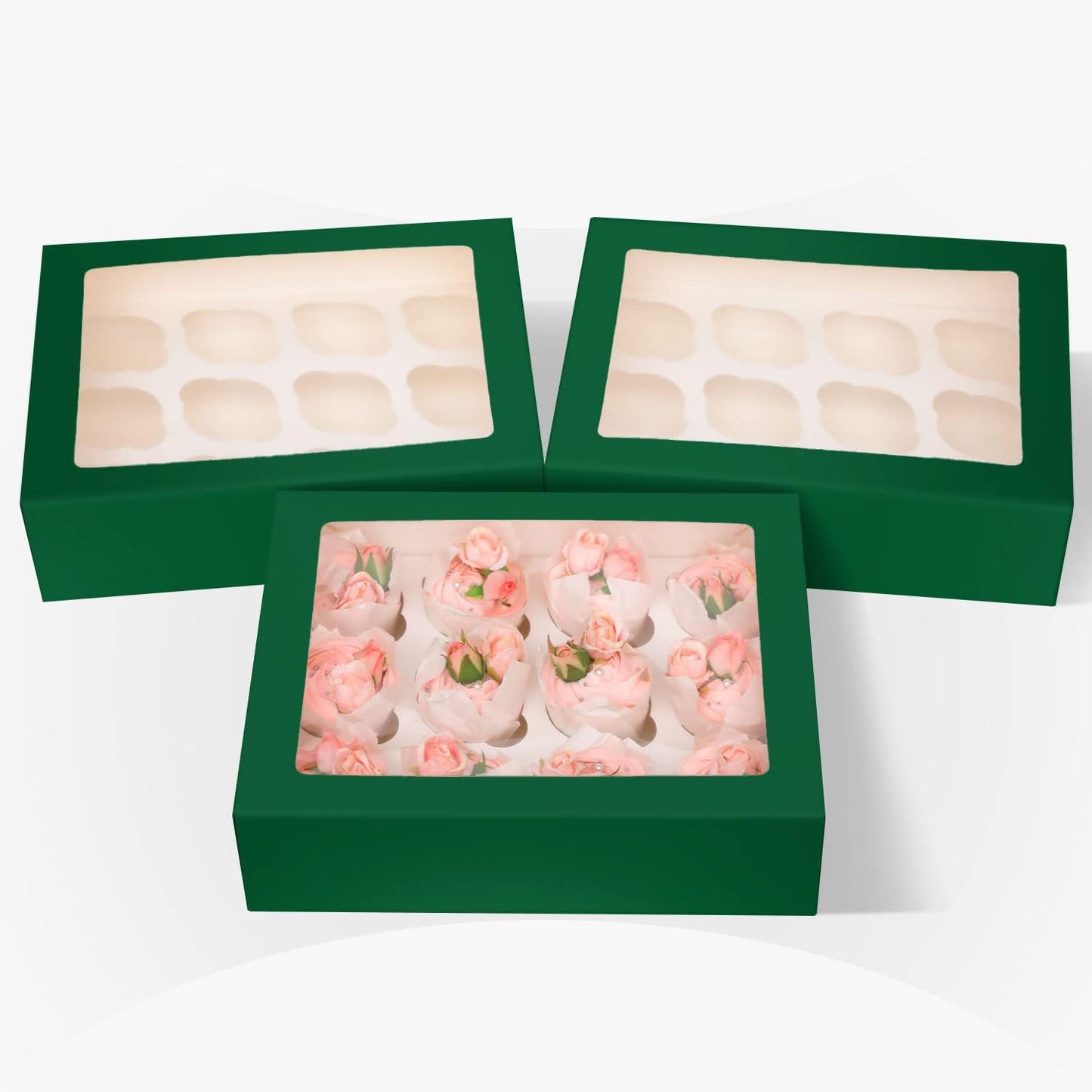 12 Cupcake Containers 10-Packs Forest Green Cupcake Box Cupcakes Carrier, 12 Cupcake Boxes with Window 13"x10"x3.5"（Auto-pop up）