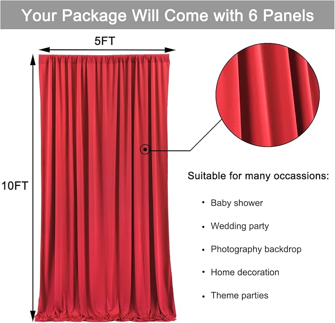 30ft x 10ft Wrinkle Free Red Backdrop Curtains - Image 5
