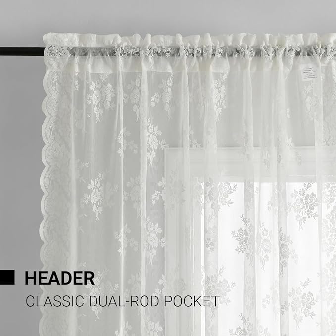 Kotile Ivory Lace Curtains for Kitchen Windows W52 x L45 Inch, 2 Panels | Rod - Image 2