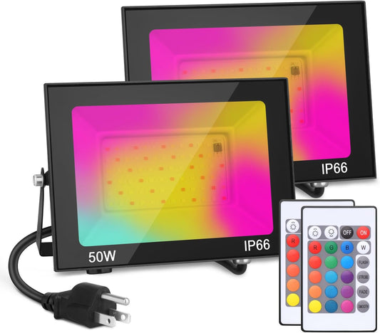 LED Flood Light Outdoor, 50W Color Changing RGB Flood Light, IP66 Waterproof Outdoor Landscape Lights Stage Lights, 5000LM Uplighting for Party, 2Pack